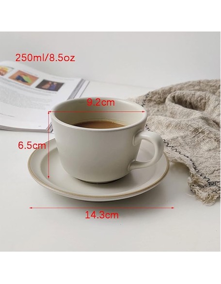 Exquisite Ceramics Matte Ceramic Coffee Cup and Saucer Set Classic Porcelain Teacup/8.5Oz Set of Mugs, Hot Cocoa Mugs