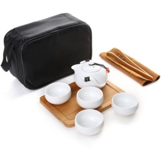 Tea Set Coffee Cup Set Tea Cup Set Portable Travel Tea Set Chinese Handmade Ceramic Teapot and 4 Teacups & Bamboo Teatray