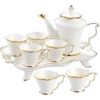Tea Set Tea Cups Teapot Set 8pcs Ceramic Tea Set Cups and Coffee Tray Gold Trim European Style Afternoon Tea Drinkware Coffee Set Coffee Tea Service Tea Cup Set Tea Pot Set Coffee Cup Set