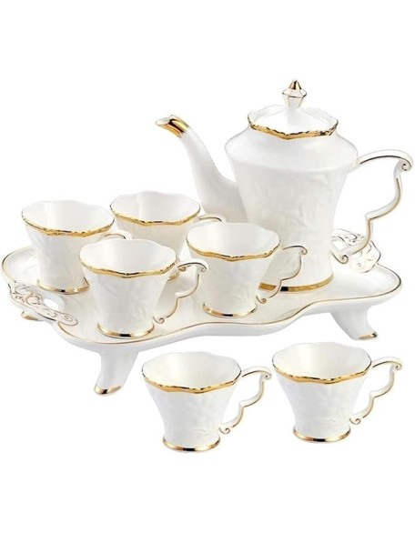 Tea Set Tea Cups Teapot Set 8pcs Ceramic Tea Set Cups and Coffee Tray Gold Trim European Style Afternoon Tea Drinkware Coffee Set Coffee Tea Service Tea Cup Set Tea Pot Set Coffee Cup Set