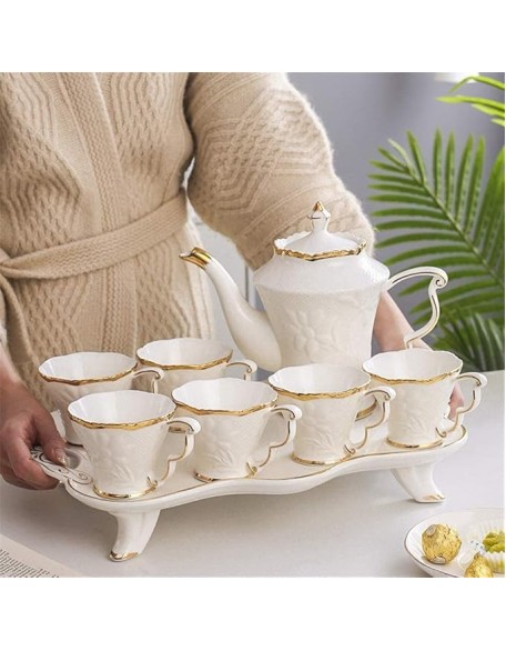 Tea Set Tea Cups Teapot Set 8pcs Ceramic Tea Set Cups and Coffee Tray Gold Trim European Style Afternoon Tea Drinkware Coffee Set Coffee Tea Service Tea Cup Set Tea Pot Set Coffee Cup Set