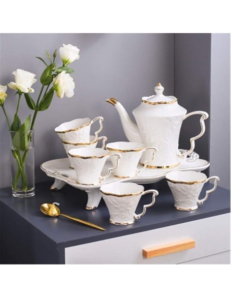 Tea Set Tea Cups Teapot Set 8pcs Ceramic Tea Set Cups and Coffee Tray Gold Trim European Style Afternoon Tea Drinkware Coffee Set Coffee Tea Service Tea Cup Set Tea Pot Set Coffee Cup Set