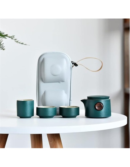 Tea Set Ceramic Portable Teapot Outdoor Travel Gaiwan Kettle Office Teacups Kung Fu TeaSet Dinkware Office (Green 9.3 * 8.5cm)