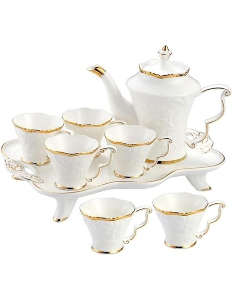 Tea Set Tea Pot Set 8pcs Ceramic Tea Set Cups And Coffee Tray Gold Trim European Style Afternoon Tea Drinkware Coffee Set Coffee Tea Service Tea Set For Home