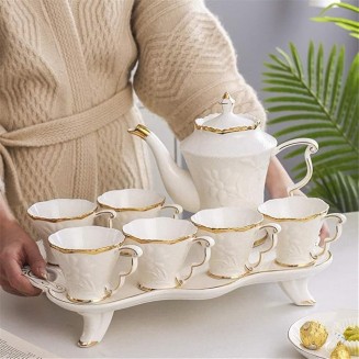 Tea Set Tea Pot Set 8pcs Ceramic Tea Set Cups And Coffee Tray Gold Trim European Style Afternoon Tea Drinkware Coffee Set Coffee Tea Service Tea Set For Home