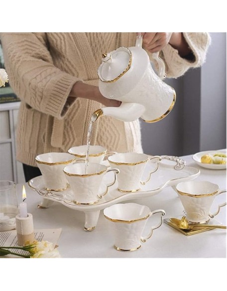 Tea Set Tea Pot Set 8pcs Ceramic Tea Set Cups And Coffee Tray Gold Trim European Style Afternoon Tea Drinkware Coffee Set Coffee Tea Service Tea Set For Home