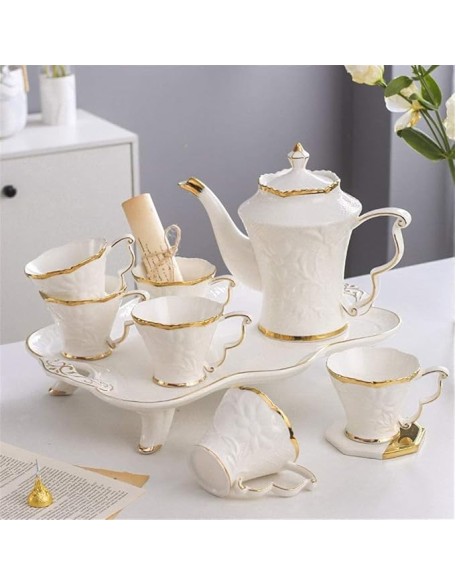 Tea Set Tea Pot Set 8pcs Ceramic Tea Set Cups And Coffee Tray Gold Trim European Style Afternoon Tea Drinkware Coffee Set Coffee Tea Service Tea Set For Home