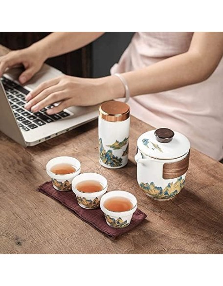 Travel tea set,portable tea set,Tea Set, Ceramic Tea Set, Travel Tea Set, Portable Chinese Tea Set, Teapot 3 Teacups Tea Canister for Outdoor Picnic Camping Business Hotel