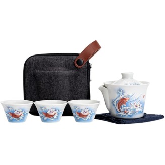 Ceramic Tea Cup Set， Kungfu Tea Set， Portable Travel Tea Set， with，Teacups and Travel Bag， for Travel， Home，Outdoor and Office， 5-Piece Set，A