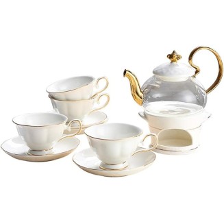 Tea Coffee Cup Set European Style Luxurious Gold Trim Ceramic Tea Cup Set Including 6 Pcs (White Set of 9)