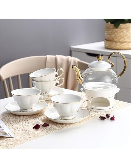 Tea Coffee Cup Set European Style Luxurious Gold Trim Ceramic Tea Cup Set Including 6 Pcs (White Set of 9)