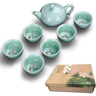 Celadon Teapot and Chinese Tea Cup Set, Ceramic Kung Fu Set with Drinkware, Traditional Accessories for Black, Green, Oolong, Pu'er Tea, Perfect Gift Weddings, Birthdays, Holidays