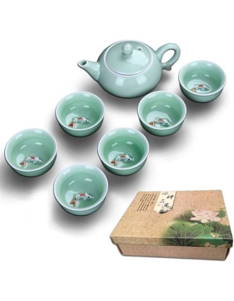 Celadon Teapot and Chinese Tea Cup Set, Ceramic Kung Fu Set with Drinkware, Traditional Accessories for Black, Green, Oolong, Pu'er Tea, Perfect Gift Weddings, Birthdays, Holidays