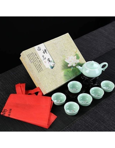 Celadon Teapot and Chinese Tea Cup Set, Ceramic Kung Fu Set with Drinkware, Traditional Accessories for Black, Green, Oolong, Pu'er Tea, Perfect Gift Weddings, Birthdays, Holidays